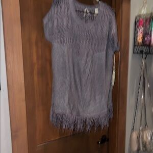Gimmicks by BKE Short Sleeve Crochet/Sweater w Fringe-Taupe